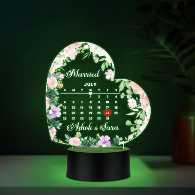 Personalized Heart Shape Wedding LED Lamp Custom with Names and Marriage Date – Romantic Anniversary & Wedding Gift for Couples, Husband, Wife | Multicolored Light with USB Cable